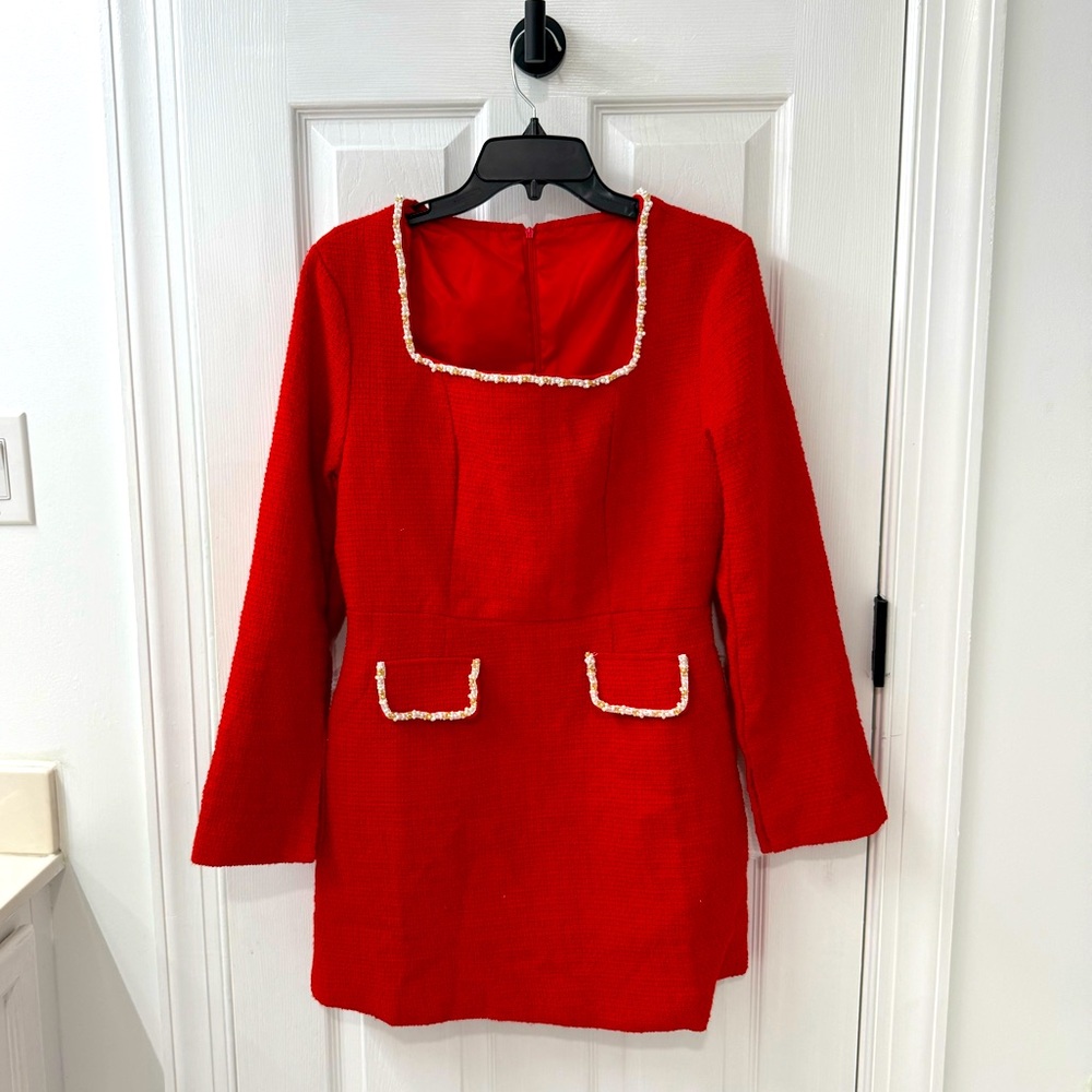 Women’s Red Tweed Mini Doll Dress with Pearl Accents
